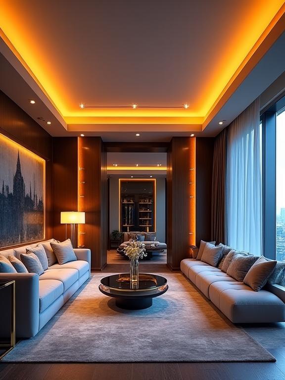 Salón de un apartamento de lujo con iluminación de diseño.