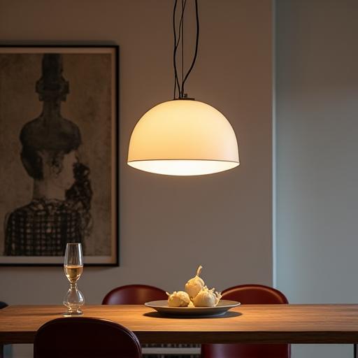 Lámpara colgante de diseño moderno sobre una mesa de comedor.